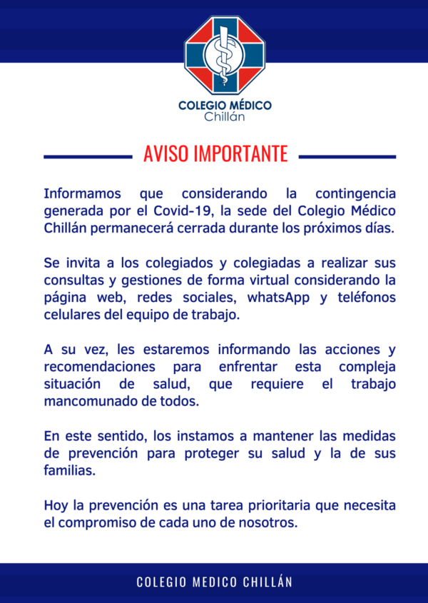 Aviso Colmed Chillán ante Covid-19